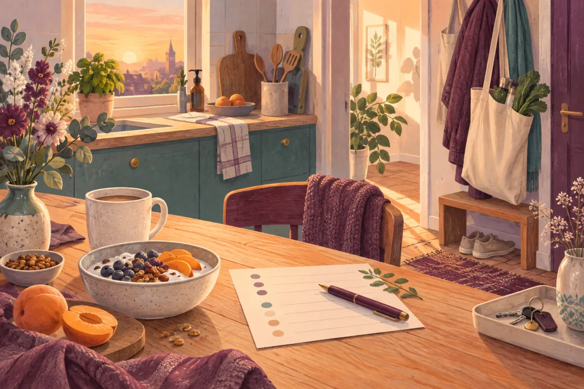 Illustrierter Frühstückstisch mit Schlüsselablage und gepackter Tasche im Morgenlicht