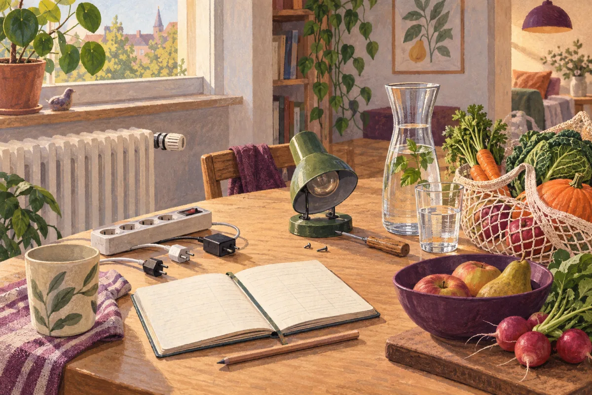 Illustrierter Haushaltstisch mit abschaltbarer Steckdosenleiste, Reparaturwerkzeug und Einkauf