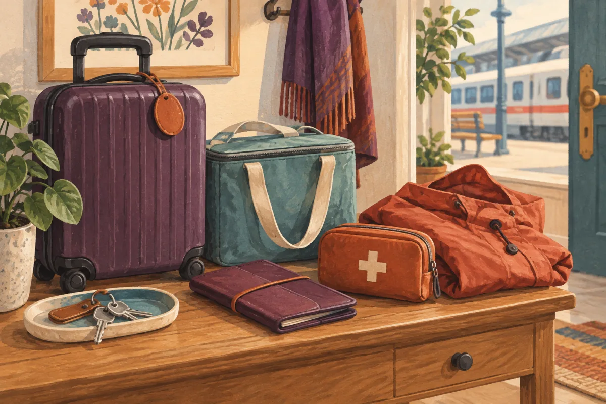 Illustrierte Reisetasche mit Kühltasche, Dokumentenmappe und kleiner Notfalltasche